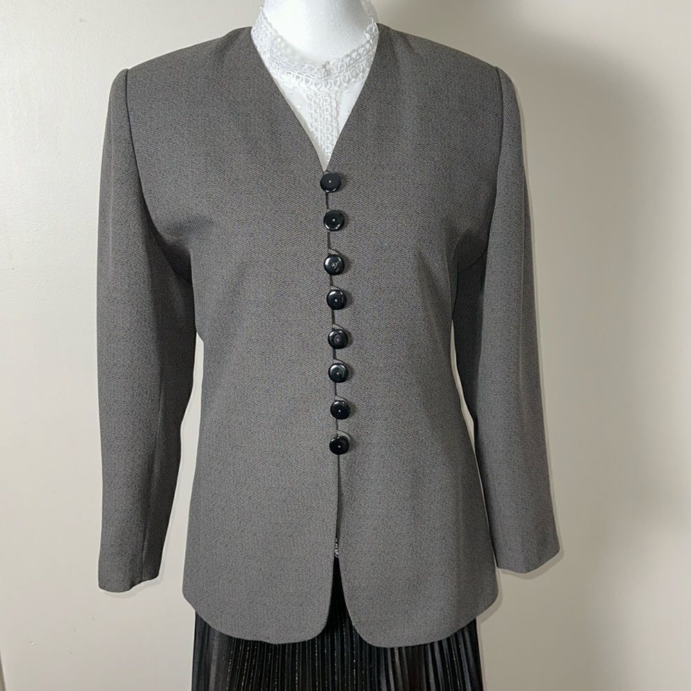 ADOLFO 6P Olive Green Houndstooth Button Front Vintage Blazer Suit Jacket